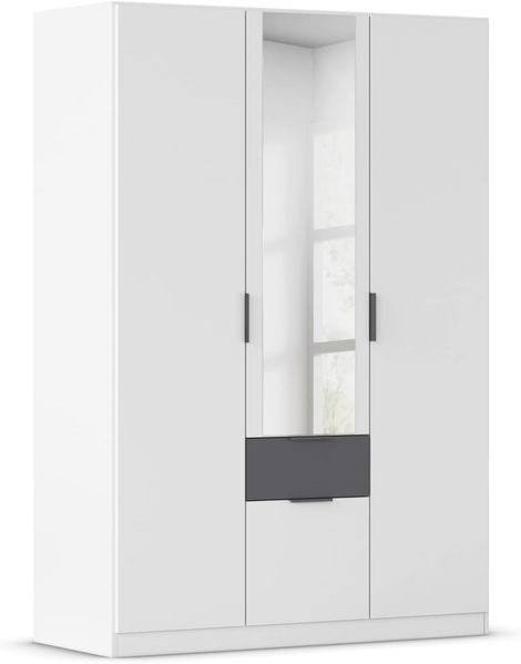 Rauch Möbel Glasgow Drehtürenschrank, Kleiderschrank, Schrank, Garderobe 3-türig, 1 Spiegeltüre, 2 Schubladen, Farbe Weiß/Weiß/Grau metallic, Griffprofil Grau metallic, 136 x 197 x 54 cm