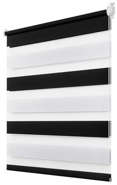 Deswell Doppelrollo Klemmfix ohne Bohren Schwarz-weiß B80 x H130 cm (Stoffbreite 76cm) Rollos für Fenster ohne Bohren für Fenster mit Lichtdurchlässig & Verdunkelnd/Höhe Stufenlos Verstellbar
