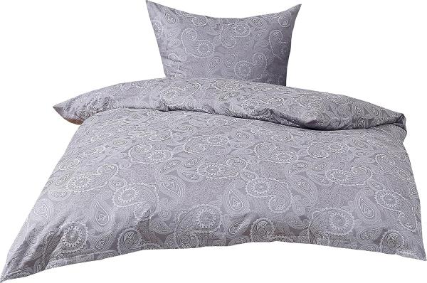 Bettwaesche-mit-Stil Mako-Satin Damast Paisley Bettwäsche "Davos" weiß-grau Garnitur 140x200 + 70x90