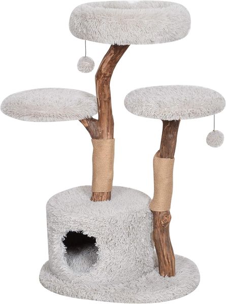 Dehner Kratzbaum Premium Lovely, Natur, 110 x 60 x 45 cm, hellgrau, natürlicher Kletterplatz aus echten Baumstämmen mit zwei Spielbällen