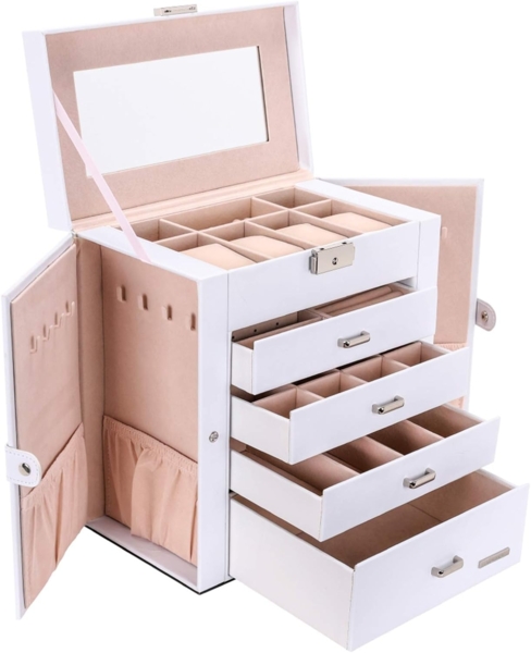 Yorbay Schmuckkasten Schmuckkoffer mit 5 Ebenen, 2 Seitenfächern, Weiß (Mit Spiegel), Schmuckkästchen, abschließbar, für Halsketten, Uhren, Ringe, Brille