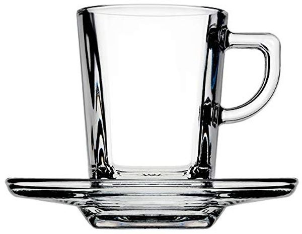 Pasabahce Carre Service Espressotassen mit Teller Untertasse mit Henkel Griff, Glas, Transparent, 12 Teilig