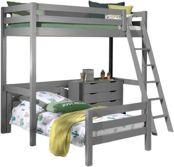 Vipack Winkel Hochbett mit 2 Liegeflächen 90x200 cm und Schubladen Kommode, Ausf. grau lackiert