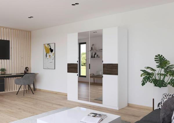 rauch Kleiderschrank, Drehtürenschrank TICAO, 6-türig, 2 Spiegeltüren, 2 Schubkästen, inkl. Türdämpferset, Alpinweiß/Atlantik Oak dunkel, 181 x 210 x 54 cm Bild 2