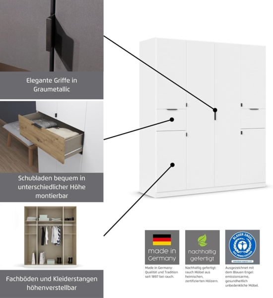 rauch Kleiderschrank, Drehtürenschrank TICAO, 6-türig, 2 Spiegeltüren, 2 Schubkästen, inkl. Türdämpferset, Alpinweiß/Atlantik Oak dunkel, 181 x 210 x 54 cm Bild 5