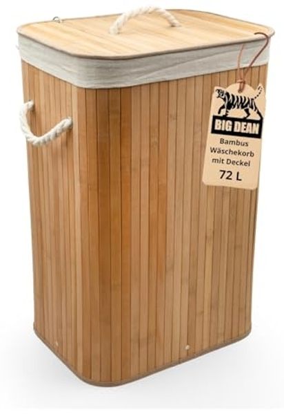 BigDean Wäschekorb Bambus 72L Wäschesammler Wäschetruhe Wäschetonne Wäschekorb mit Deckel Wäschesack herausnehmbar und maschinenwaschbar