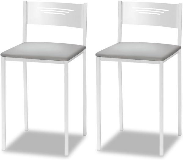 ASTIMESA - Gepolsterter Küchenhocker mit Rückenlehne - Solide und Feste Struktur - Weißes Gestell und Sitzfläche aus Kunstleder - Farbe des Sitzes: Grau, Lieferumfang: 2 Stück, Maße: 35 x 35 x 64 cm