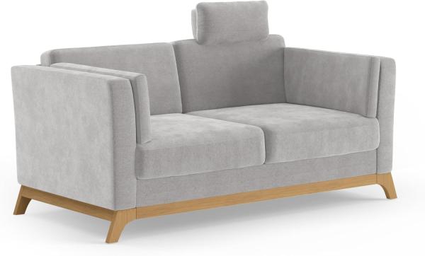 Cavadore 2,5er-Sofa Vida / 2,5-Sitzer Couch im trendigen Design mit massivem Holzrahmen in Eiche, Kopfstütze mit Kuschelkissen / 183 x 84 x 93 / Mikrofaser, Hellgrau