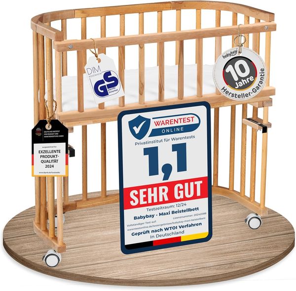 babybay Maxi extra großes Beistellbett aus massivem Buchenholz/Kinderbett Höhe stufenlos verstellbar & umweltfreundlich/mit Matratze, Gitter, Rollen (kernbuche geölt)