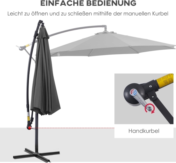 Outsunny Ampelschirm Sonnenschirm mit Handkurbel Wetterbeständig, LxB: 295x295 cm, Handkurbelschirm, Kurbelschirm, Grau Ø2,95 x 2,45H m Bild 3