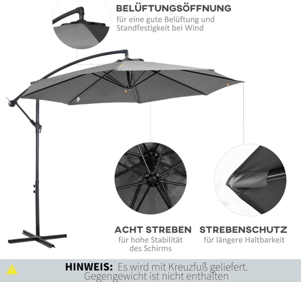 Outsunny Ampelschirm Sonnenschirm mit Handkurbel Wetterbeständig, LxB: 295x295 cm, Handkurbelschirm, Kurbelschirm, Grau Ø2,95 x 2,45H m Bild 4