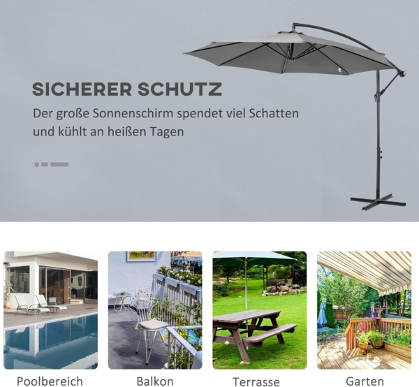 Outsunny Ampelschirm Sonnenschirm mit Handkurbel Wetterbeständig, LxB: 295x295 cm, Handkurbelschirm, Kurbelschirm, Grau Ø2,95 x 2,45H m Bild 5