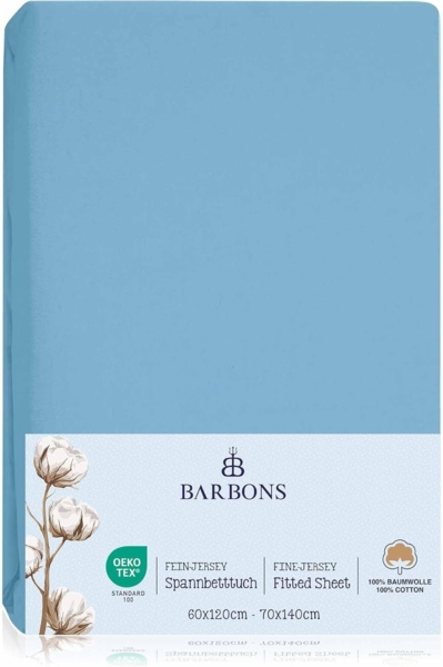BARBONS Spannbettlaken für Baby/Kinderbett - 100% Jersey-Baumwolle Oeko-TEX Standard 100 Zertifiziert Bettlaken für Babybett (Hellblau - 60x120 cm / 70x140 cm) Bild 5