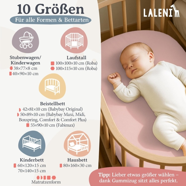 Laleni Spannbettlaken Stubenwagen oval 38x77 cm - Oeko-Tex Zertifiziert, 100% Baumwolle, atmungsaktives Spannbetttuch Jersey Baby, 135 g/m², Rosa Bild 2