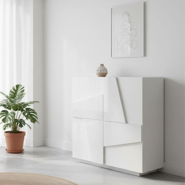Dmora - Schuhregal Joel, Mehrzweckschrank mit 2 Türen, Schuhregal für den Eingangsbereich, 100 % Made in Italy, 81 x 38 x 86 cm, glänzendes Weiß mit Details,