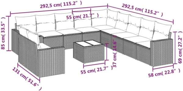 vidaXL 12-tlg. Garten-Sofagarnitur mit Kissen Beige Poly Rattan 3251535 Bild 3