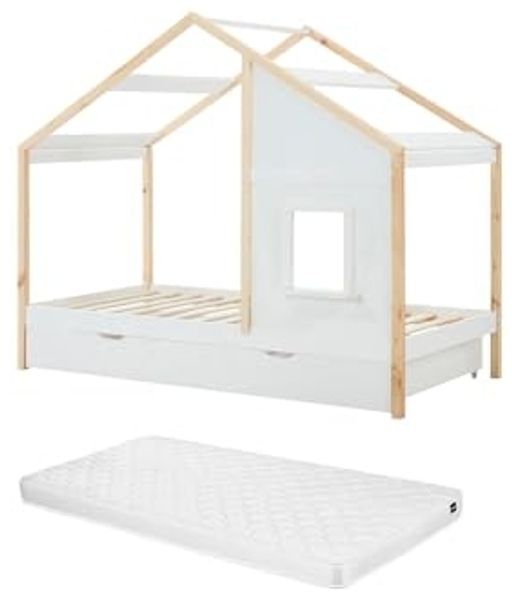 Vente-unique - RINELYA Bett Holz, Platte Weiß - B 97 cm x H 159 cm x L 196 cm