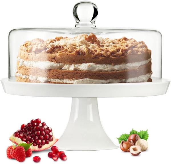 Glasglocke Kuchenglocke Käseglocke Fuß aus Porzellan Tortenplatte Kuchenplatte