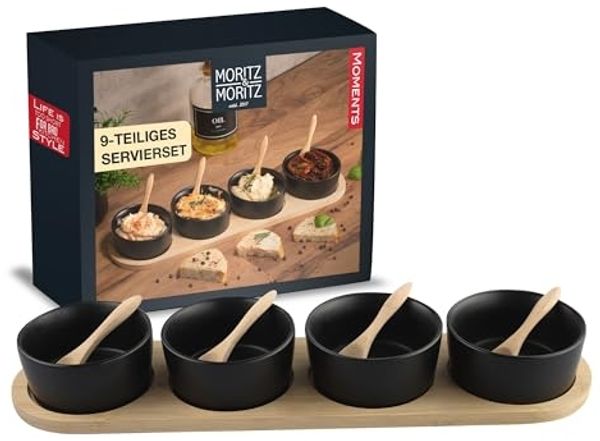 Moritz & Moritz Servierschale Schalen Set inkl. Löffel & Servierbrett, Bambus, Keramik, (Set, 9-tlg), Als Tapas Schalen und Dip Schälchen