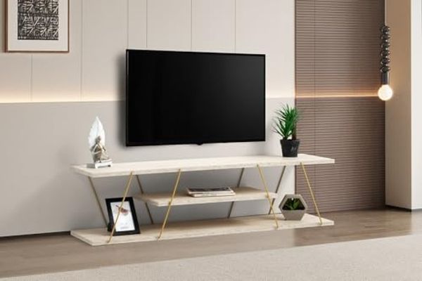 TV-Ständer, 'Canaz', 33 x 30 x 120, Travertin , Gold
