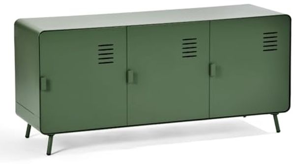 MEUBLE COSY TV Schrank Sideboard mit 3 Türen und Regal Ablage Wohnzimmer Schränke aus Metall für Wohnzimmer Esszimmer Schlafzimmer Arbeitszimmer, Industrial Style, 120 cm lang, Grün