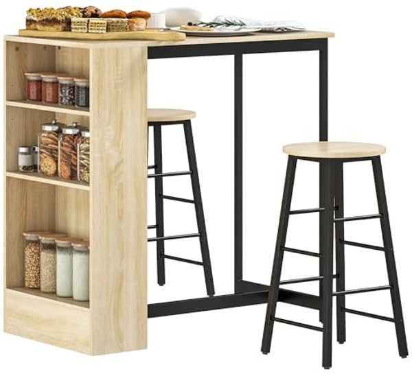 HOMCOM Bargruppe 3-tlg. mit Küchentisch, Stauraum, 2 Hocker, Fußstützen, (Bartisch mit Barhocker Set, 3-tlg, Bartisch-Set), im Modern-Stil, platzsparend, für Esszimmer, Küche, Stahl, Eiche