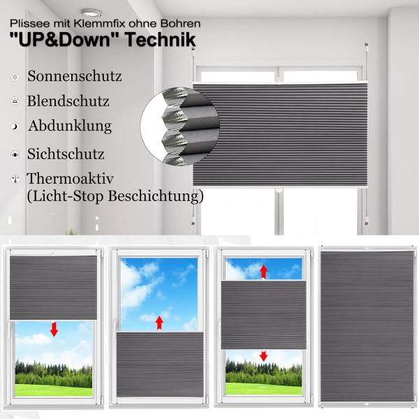 WOLTU Wabenplissee ohne Bohren Verdunklung Thermo Doppelplissee Klemmfix Zweifarbig 80x120 cm Dunkelgrau-weiß, Plissee Faltrollo Sonnen-, Sicht- & Schallschutz, Jalousie Plisseerollo für Fenster & Tür Bild 6