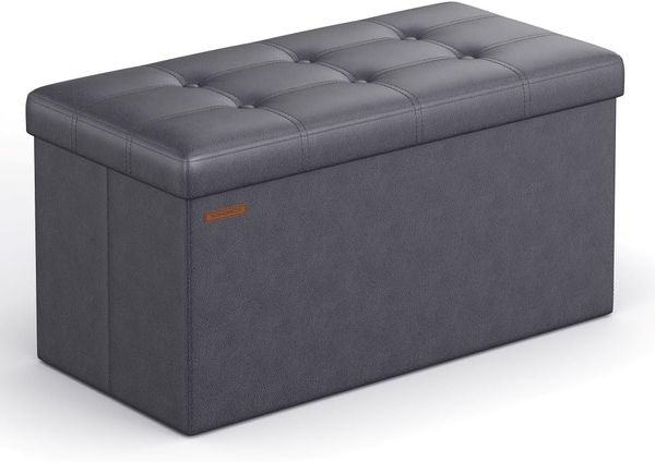 Songmics 76 cm Sitzbank mit Stauraum, Sitztruhe, Aufbewahrungsbox, Fußhocker, faltbar, gepolstert, Bezug aus Kunstleder, bis 300 kg belastbar, dunkelgrau LSF040G01