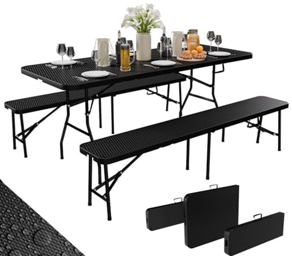24Move Gartentisch Bierzeltgarnitur 3er-Set, Klappbarer Tisch und Bänken im Rattan-Optik (für innen & außen, belastbar bis 150 kg, 3-teilig, mit 2 Sitzbänken und 1 Tisch), Festzeltgarnitur, wetterfest und pflegeleicht