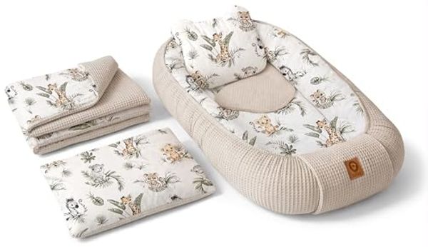 Babynest Nestchen Baby Set für Neugeborene – 5-teilig – Kuschelnest aus 100% Baumwolle & Waffelpique – Babykokon tragbar – für Babybett, Kinderbett & Kinderwagen – OEKO-TEX - Safari und Sand