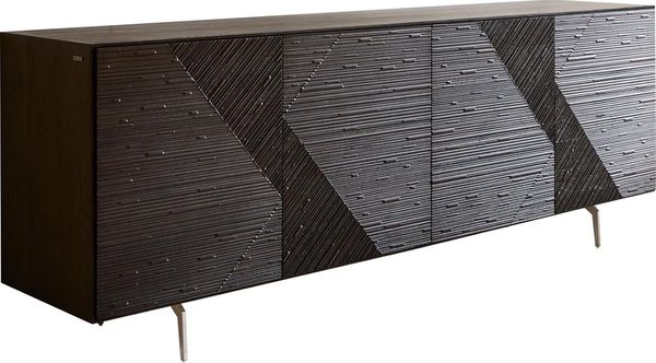 Sideboard Tereos 200 cm Esche Dunkelbraun 3D Effekt 4 Türen Winkelfuß Edelstahl gebürstet