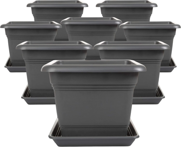 Centi Pflanzkübel Blumentopf Gross, Pflanzentopf Groß Außen, Blumentopf mit Löcher (Spar Set, 8 St, 40x40 cm), inkl. Untersetzer, Pflanzkübel Kunststoff, Blumenkübel Antrazith