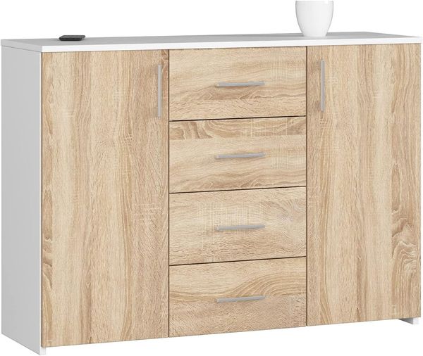 AKORD Kommode K45 mit 4 Schubladen und 2 Ablagefächern mit Türen | für das Wohnzimmer Schlafzimmer Schrank Büro Arbeitszimmer | B110 x H80 x T35 cm, Gewicht 43kg | Weiß/Sonoma-Eiche