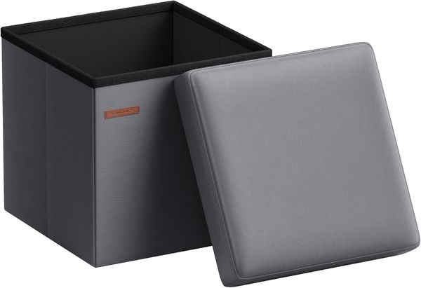 SONGMICS Sitzhocker 38 cm, Aufbewahrungsbox faltbar, Fußhocker mit Deckel, aus Kunstleder, bis 300 kg belastbar, für Eingang, Wohnzimmer, Schlafzimmer, schiefergrau LSF010G01