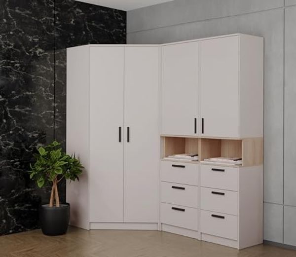 Marmex Möbel Grant 17C Ein Garderoben-Set, Mehrzweckschrank-Set ,Flur, Schlafzimmer, Eckschrank-Set, laminierte Spanplatte, graubeige cashmere+cremona torro, 143x195x143 cm