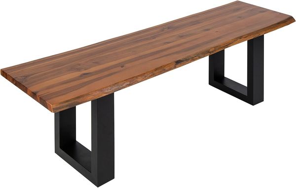 Junado Sitzbank Ida Akazien-Holz, Massive Holzbank, echte Baumkante, schwarz lackierte Metallbeine, 140x40 cm