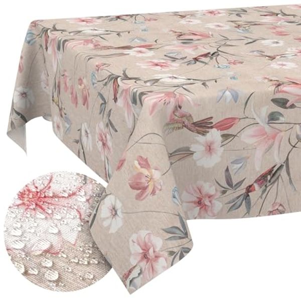 ANRO Tischdecke aus Stoff mit Blumen Pflanzen wasserabweisend Tischtuch Tischwäsche (Einzelstück 1-tlg), mit Acryl Beschichtung
