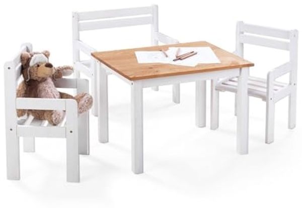 Home4You Kindersitzgruppe, Kiefernholz massiv, (4-tlg), mit 1 Tisch, 1 Sitzbank und 2 Stühlen