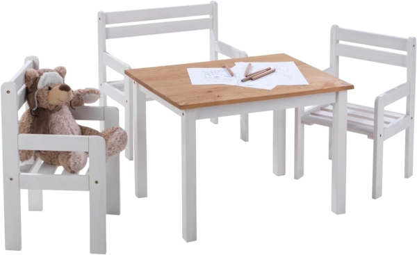 Home4You Kindersitzgruppe, Kiefernholz massiv, (4-tlg), mit 1 Tisch, 1 Sitzbank und 2 Stühlen