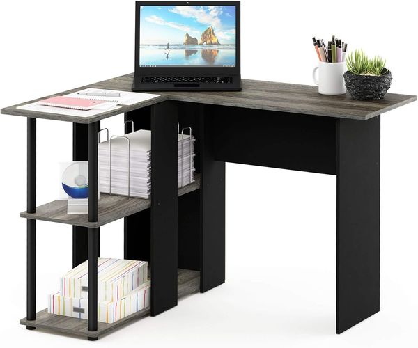 Furinno Abbott L-förmiger Schreibtisch mit Regalen, Holz, Französische Eiche Grau/Schwarz, 87.5 x 104.5 x 73.51 cm
