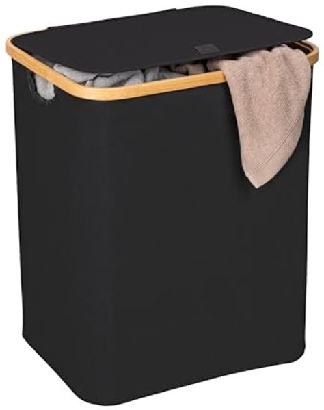 WENKO Wäschetruhe Ecori, Wäschesammler, schwarz, innen feuchtigkeitsabweisend beschichtet, 68 l