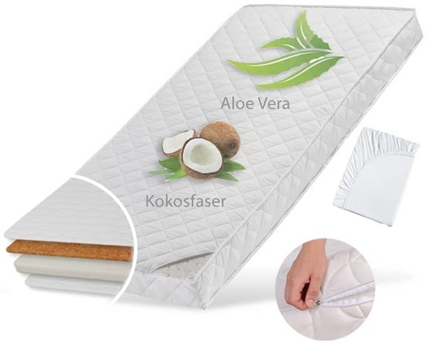 Kindermatratze 90x200 cm KOKOS mit gestepptem Aloe Vera-Bezug und zwei Härtegraden, 10 cm hoch, Babymatratze Kindermatratze 90x200 Kokos-Matratze für Babybett oder Kinderbett
