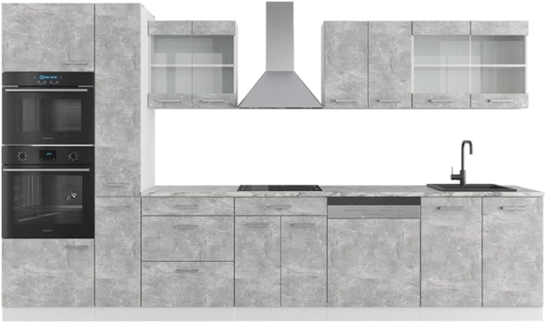 Küchenzeile R-Line Beton/Weiß 350 cm mit Hochschrank, ohne Arbeitsplatte Vicco
