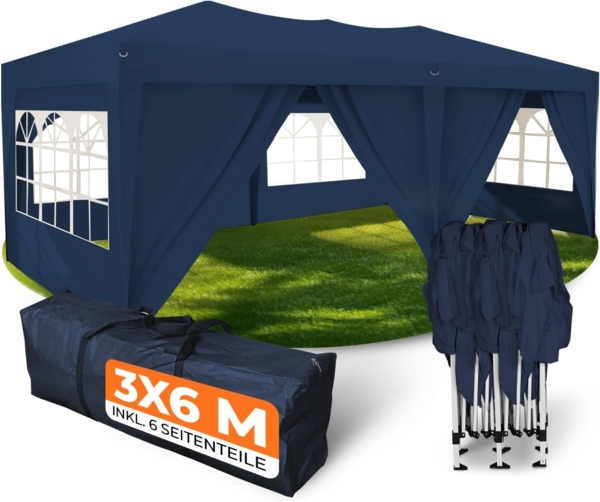 Kronenburg Faltpavillon wasserdicht Pavillon mit 6 Seitenteilen, Gartenzelt, 3x6 m - mit UV Schutz 50+, Blau
