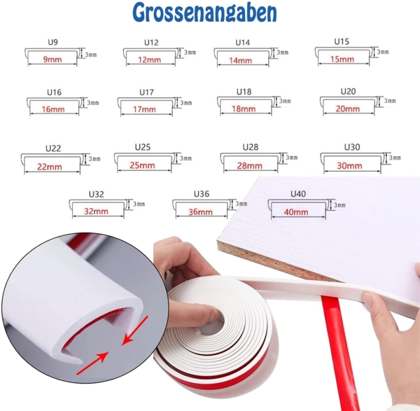 Kantenumleimer selbstklebend, Kantenschutz Baby, Eckenschutz Kantenschutz, U-Förmig TPE Kantenband für Schrankreparatur, Möbelrestaurierung und Renovierung (Weiß,U9mm*3m) Bild 7