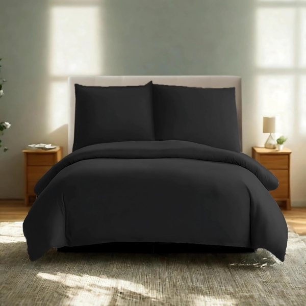 Komfortec Premium Bettwäsche 200x200 mit 2 Kissenbezug 80x80 cm Set aus Gebürstetes Mikrofaser - Schwarz