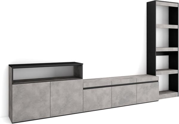 Skraut Home | Wohnwand Wohnzimmer | Wohnzimmermöbel, Möbelset | 310 x 186 x 35 cm | Für TV-Geräte bis zu 65" | Wohnzimmer Möbel | Moderner Stil | Zement