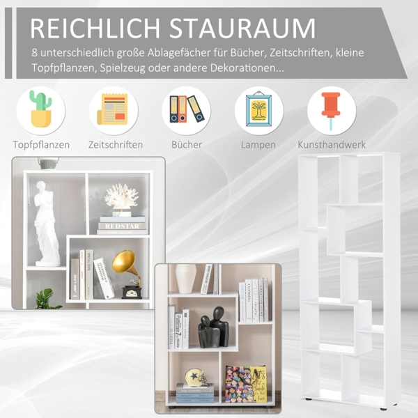 HOMCOM Bücherregal mit 8 Fächer Würfelregal Aufbewahrungsregal Wohnzimmer Schlafzimmer Büro E1 Spanplatte Weiß 70 x 24 x 178 cm Bild 4