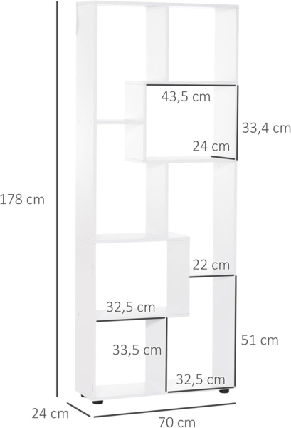 HOMCOM Bücherregal mit 8 Fächer Würfelregal Aufbewahrungsregal Wohnzimmer Schlafzimmer Büro E1 Spanplatte Weiß 70 x 24 x 178 cm Bild 3