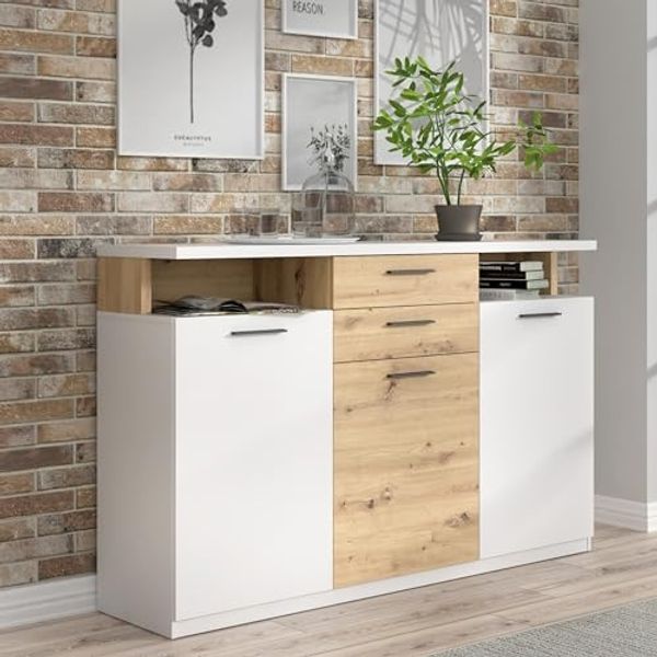 Forte WOY Sideboard 170, modernes Sideboard mit Ablage-Aufsatz, 3-türig, 2 Schubladen, Wohnzimmer, Flur, Holzwerkstoff, Weiß mit Artisaneiche Holzdekor, 169,6 cm breit x 106,5 cm hoch x 42 cm tief